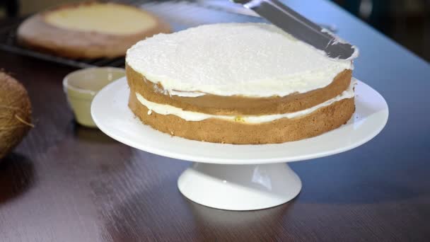 Processo Fabbricazione Una Torta Pasticceri Equiparano Crema Biscotti Con Spatola — Video Stock