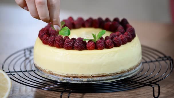 Homemade New York Cheesecake Decorate Cheesecake New York Raspberry — Stock Video