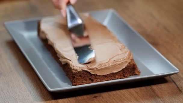 Koken chocolate cake met pruimen. — Stockvideo