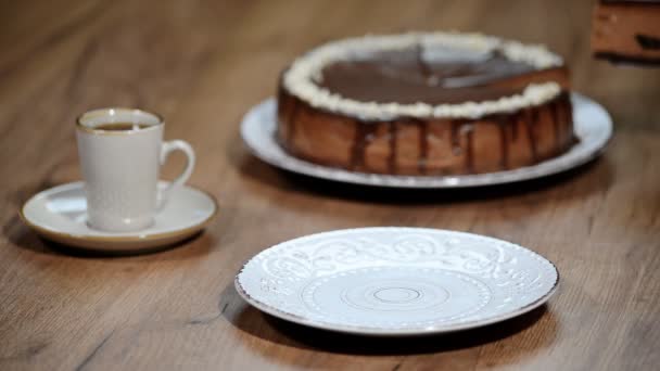 Ponga un pedazo de pastel de queso de chocolate en un plato . — Vídeos de Stock