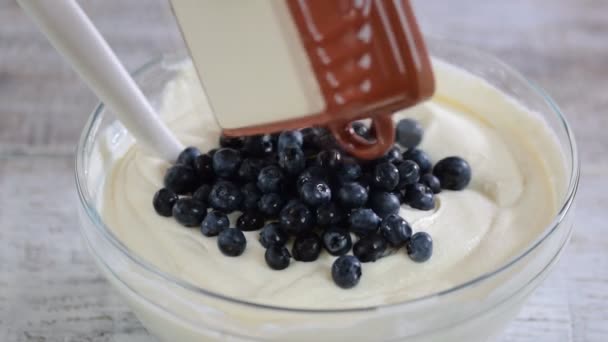 Pouring Blueberries Into Bowl Of Batter. — Stock Video