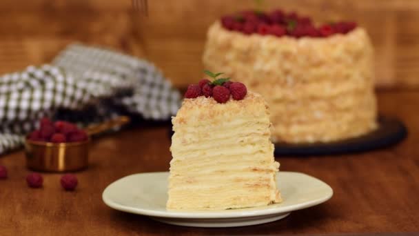 Κομμάτια Ζαχαροπλαστική Ναπολέων κέικ διακοσμημένα με βατόμουρο. Μερίδιο του κέικ κρέμας καρύδας. — Αρχείο Βίντεο