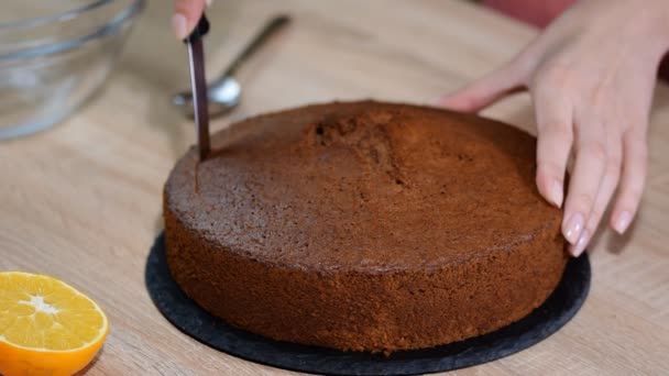 여자 집에서 밍 크 두더지 구멍 케이크 만들기. — 비디오