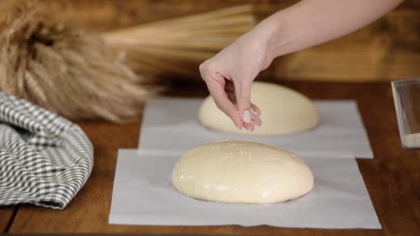 Mão espalhando sementes de gergelim na massa de farinha. Cozimento de pão caseiro tradicional . — Vídeo de Stock