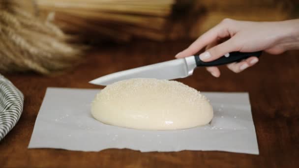 In das Brot des bereits fermentierten Brotes schneiden, bevor es in den Ofen kommt. — Stockvideo