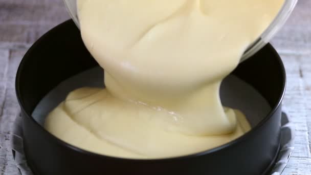 Cake Mixture in de bakvorm gieten. Close-up — Stockvideo