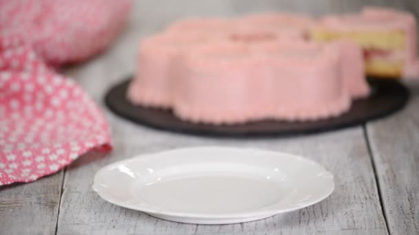 Kousek malinového dortu s růžovou smetanou. — Stock video
