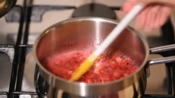Närbild kvinna rör röda bär kokar med små silikon spatel i stora metall kastrull. — Stockvideo