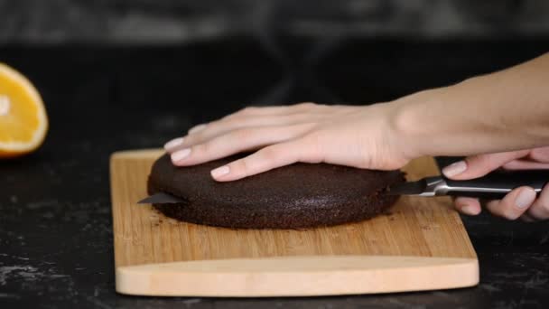 Řezání dortu na vrstvách. Dělám čokoládový dort. Řady. — Stock video