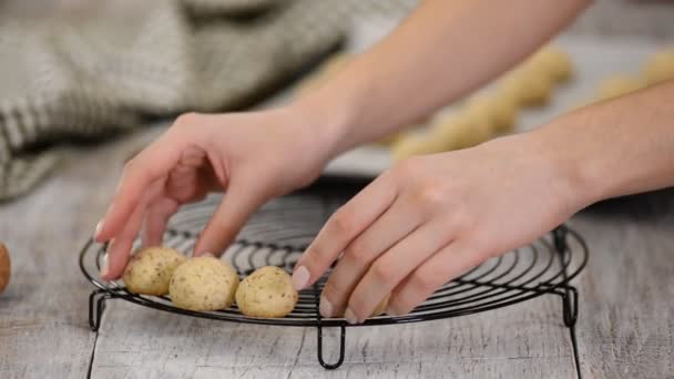 Een vrouw die thuis sneeuwbalkoekjes maakt. Vrouw handen zet koekjes op een draad rek om af te koelen. — Stockvideo