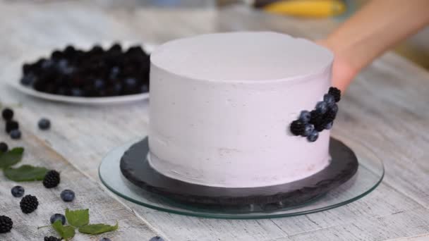 Кондитер прикрашає красивий торт чорницею і ожиною . — стокове відео