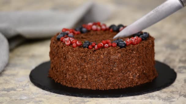 Frau schneidet mit Messer russischen Schokoladenkuchen Napoleon. Schokolade Napoleon Kuchen aus Blätterteig mit Beeren. — Stockvideo