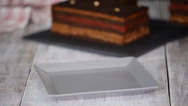 Pedazo de pastel de cereza con mousse de chocolate . — Vídeos de Stock