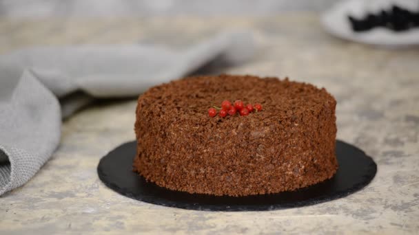 Torta napoleonica al cioccolato francese di pasta sfoglia con crema pasticcera. Torta decorata con bacche . — Video Stock