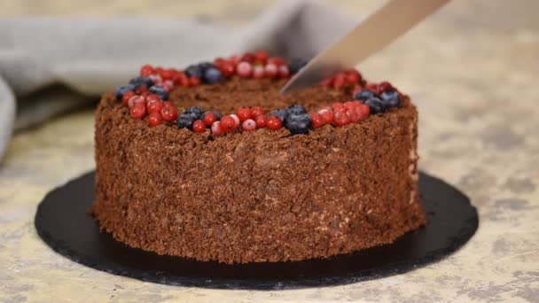 Frau schneidet mit Messer russischen Schokoladenkuchen Napoleon. Schokolade Napoleon Kuchen aus Blätterteig mit Beeren. — Stockvideo