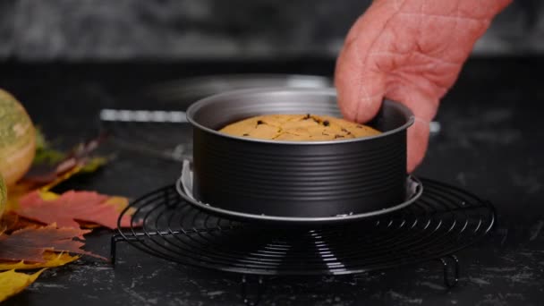 Pastel de galletas recién horneado con chips de chocolate de cerca en la mesa . — Vídeo de stock