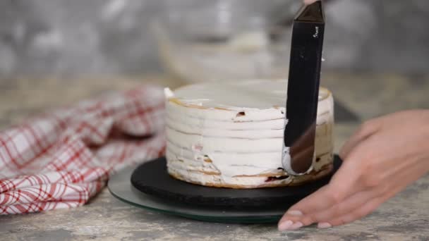 Le processus de fabrication d'un gâteau. Chef faire gâteau couche avec remplissage cerise et crème sure. Série . — Video