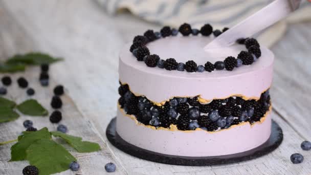 Mujer cortando un pastel de bayas moderno con cuchillo de cocina grande . — Vídeos de Stock