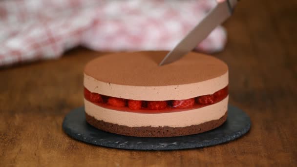 Womans hands cut the delicious chocolate mousse cake with raspberries jelly. — 비디오