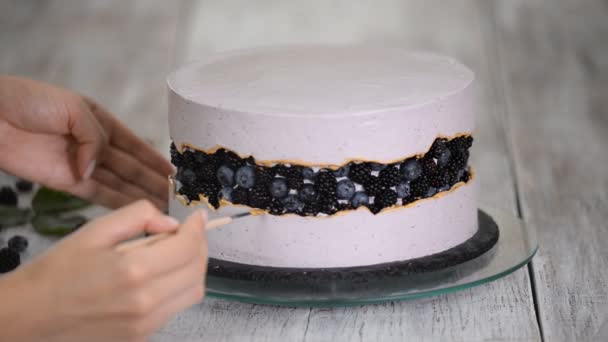 El confitero decora un pastel de bayas con jarabe de oro, hecho a mano . — Vídeos de Stock