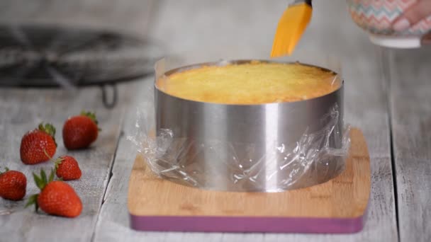 Strato di torta spugna ammollo con sciroppo . — Video Stock