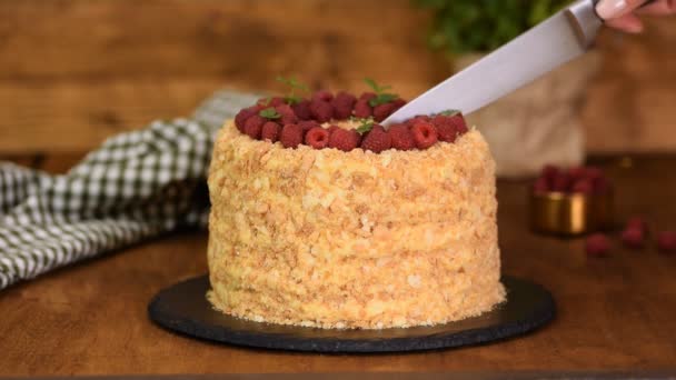 Крупним планом ніж для різання торта наполеон. Домашній крем торт Наполеона . — стокове відео