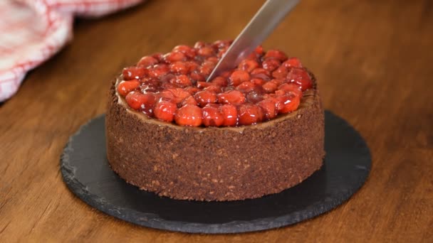 Mãos femininas cortando cheesecake de chocolate com uma faca. Sobremesa doce caseira . — Vídeo de Stock