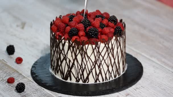 Самка ручной резки торт с ягодами . — стоковое видео