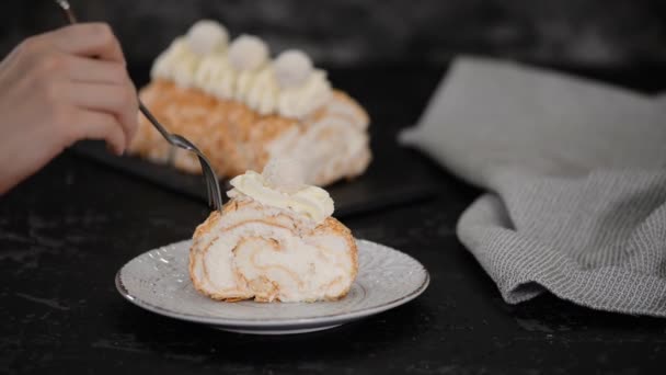 Deliciosa fatia de rolo de bolo de merengue em uma placa . — Vídeo de Stock