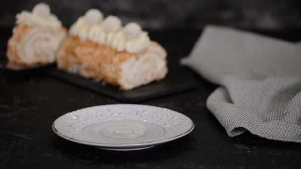 Delicious Meringue Cake Roll Slice On A Plate. — Stock Video