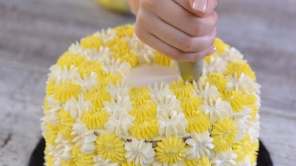 Konditor dekoriert Kuchen mit Sahne. — Stockvideo