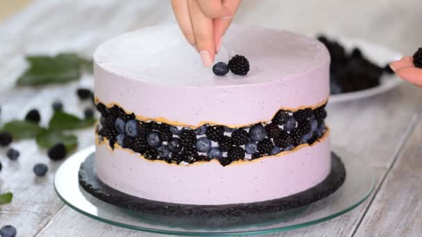 Confectioner decorates a beautiful cake with blueberries and blackberries. — Stock Video