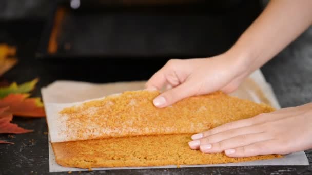 Papel à prova de graxa sendo removido das camadas de bolo de esponja . — Vídeo de Stock