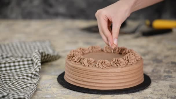 Close-up de nozes polvilhe em uma nata de um bolo de esponja de chocolate. Baker bolo de chocolate decorado com noz . — Vídeo de Stock