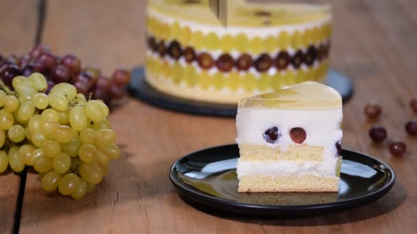 Piece Homemade Mousse Cake With Grapes. — Stock Video