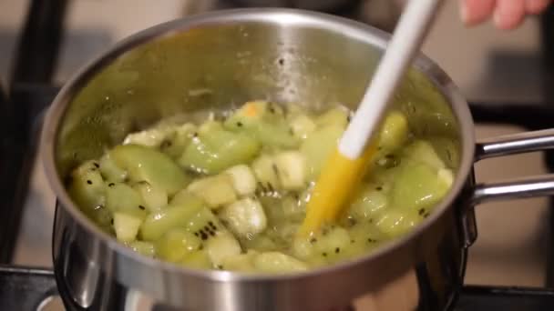 Mulher cozinhar kiwi jam em uma panela . — Vídeo de Stock