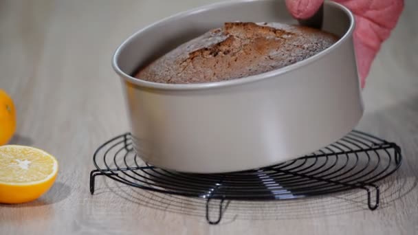 Bolo de chocolate cozido no forno fresco na panela redonda do bolo . — Vídeo de Stock