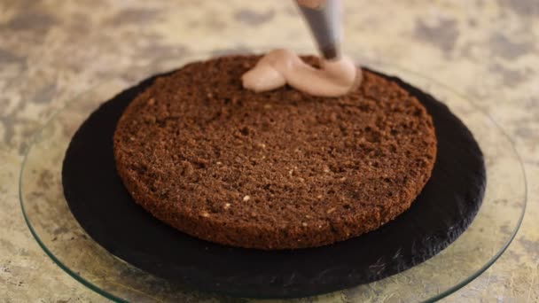 Σεφ ζαχαροπλαστικής κάνει μια τούρτα στην κουζίνα. Γυναικεία χέρια σφίγγει την κρέμα σοκολάτας. — Αρχείο Βίντεο