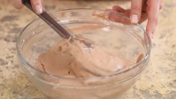 Stir Chocolate Cream with silicone shovel. Close-Up. — Stock Video
