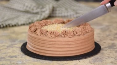 Fındıklı lezzetli çikolatalı kek. Çikolatalı keki mutfak bıçağıyla kesiyorum..