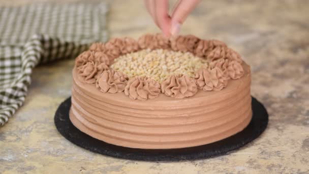 Primer plano de espolvorear nueces en una crema de un pastel de esponja de chocolate. Panadero pastel de chocolate decorado con nuez . — Vídeo de stock
