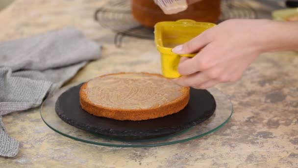 Mão de confeiteiro fêmea irreconhecível embebe bolo de esponja com xarope de caramelo doce usando escova de cozinha de silício na cozinha, close-up . — Vídeo de Stock