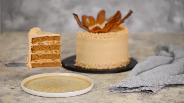 Шматочок смачного карамельного торта з арахісом . — стокове відео