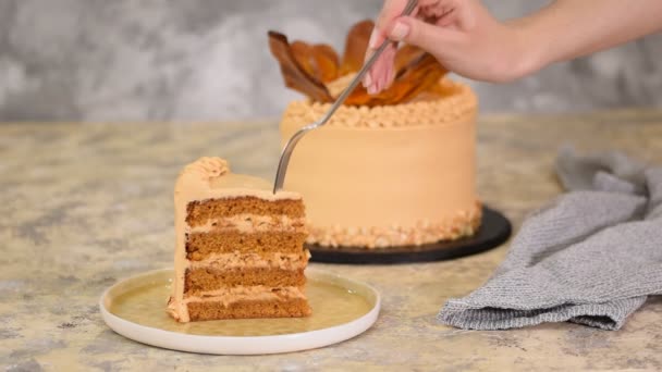 Ест кусочек вкусного карамельного торта с арахисом . — стоковое видео