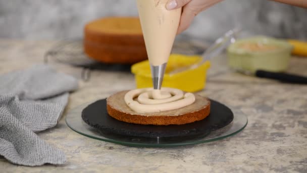 A lány tortát süt egy pékségben. Baker préseli krém rá a torta réteg. — Stock videók