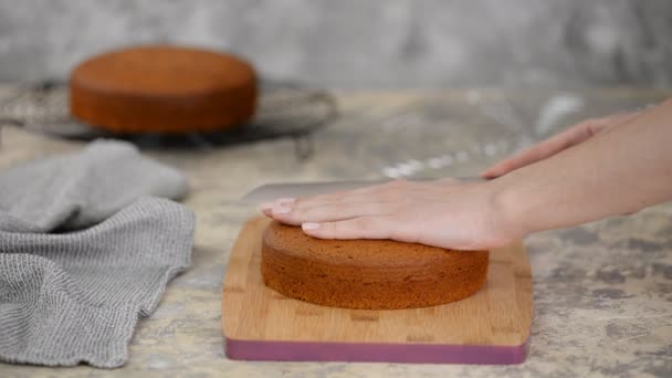 Közelkép a séf vágás torta a rétegek. — Stock videók