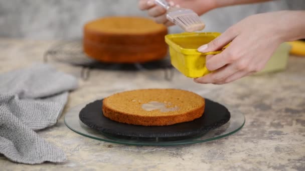 Unrecognizable female confectioner hand soaks sponge cake with sweet caramel syrup using silicon cooking brush at kitchen, close up. — Stock Video