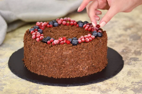 Russischer Schokoladenkuchen Napoleon mit Beeren und mit Krümeln bestreut. Kuchen mit Beeren dekorieren — Stockfoto