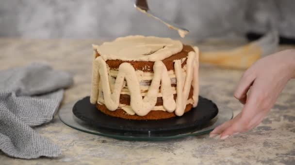 Girl making a cake in a bakery. Baker squeezes cream onto a cake layer. — Stock Video