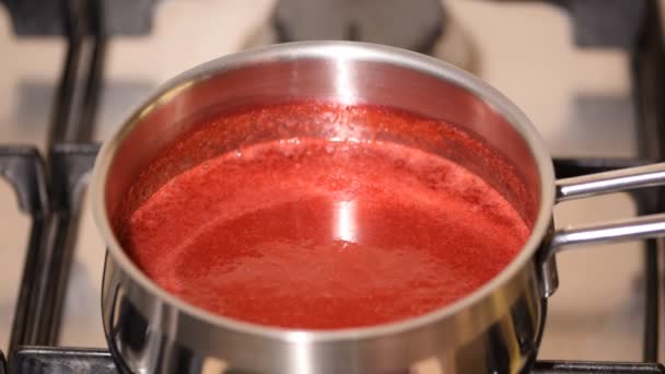 Simmering raspberry puree in saucepan. Close-up. — Stock Video